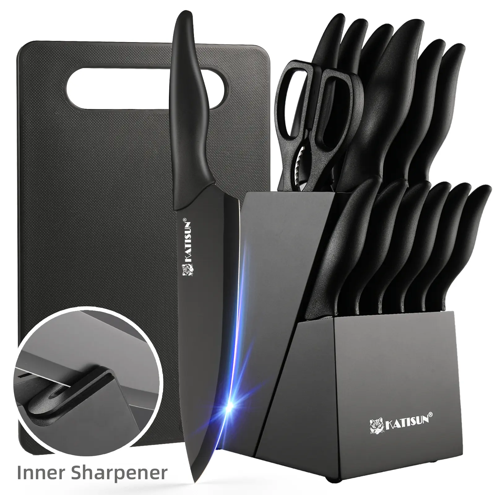 15-Piece Professional Black-Coded Kitchen Knife Set with black wooden block, chef's knife with non-slip ABS handle, plastic cutting board, and kitchen shears. Ideal for home and restaurant use. The perfect gift for Thanksgiving, Christmas, and New Year.