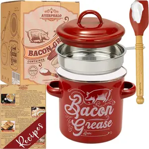46 OZ Bacon Grease Container with Strainer - 1.3L Large Capacity, With Silicone  Spatula, Enamel Bacon Grease Keeper for Bacon Drippings, Farmhouse Red Kitchen Decor, Dishwasher SafeVelvet Bloom15