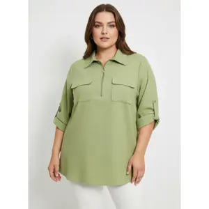 Zip Front Utility Pocket Tunic Blouse XL