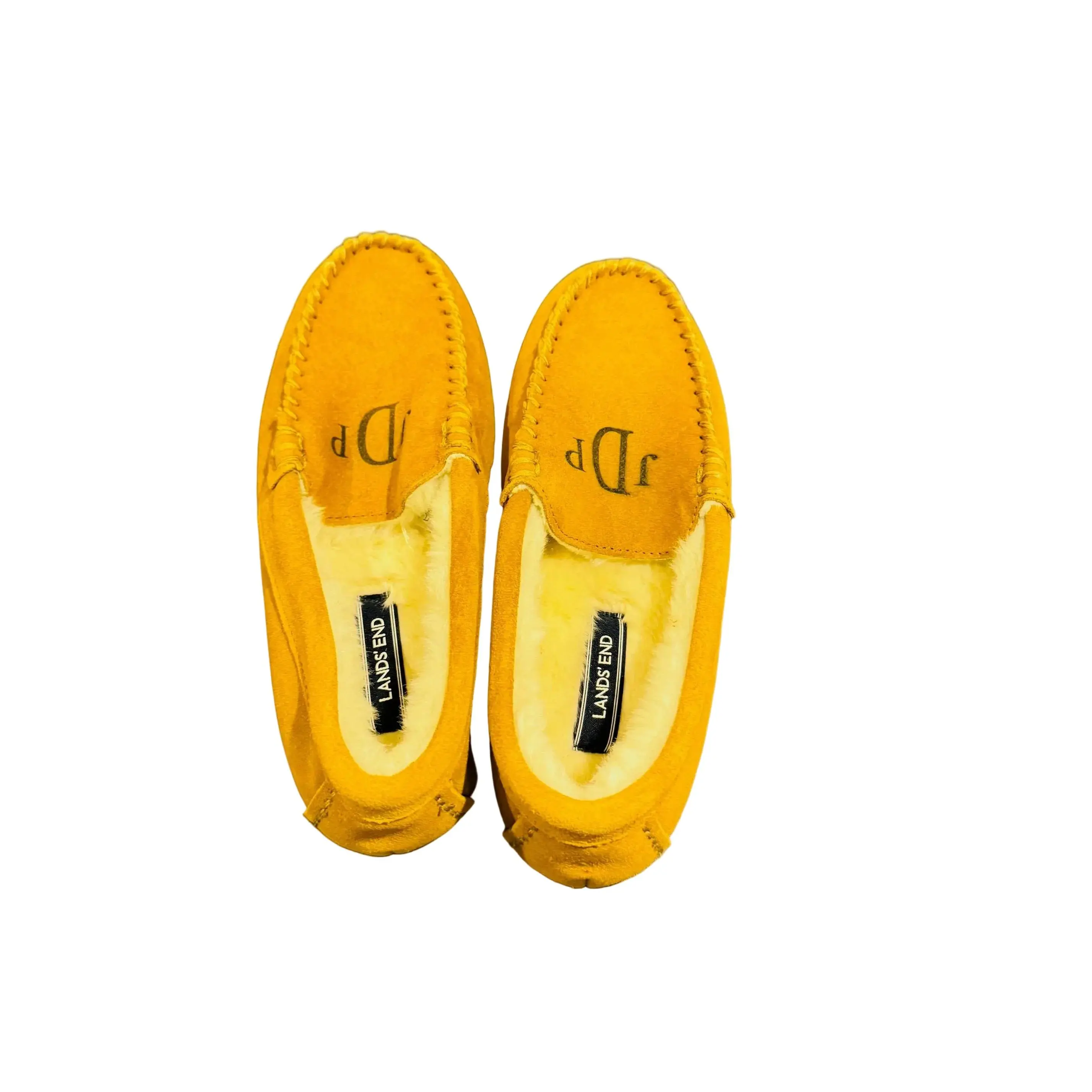 Lands' End Women's Casual Moccasin Slip-On Indoor Slippers - Brand New Round Toe Monogrammed Suede Leather, English Tan, Fur Interior, All Seasons, Size 6