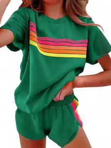 Rainbow Striped Round Neck Top and Shorts Set