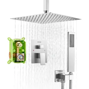 VEVOR Ceiling Shower Faucet Set, Rainfall Bathroom Shower System with 12-Inch Square Rain Shower Head and Handheld Spray, Ceiling Mount Bath Fixtures with Brass Valve and Trim Kit, Brushed Nickel