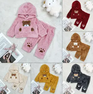 Ready Stock 6m-3y Adorable Pink Fuzzy Bear Two Piece Set Cozy Long Sleeve Hoodie and Paw Print Pants for Cute Daily Wear YCJ212304602