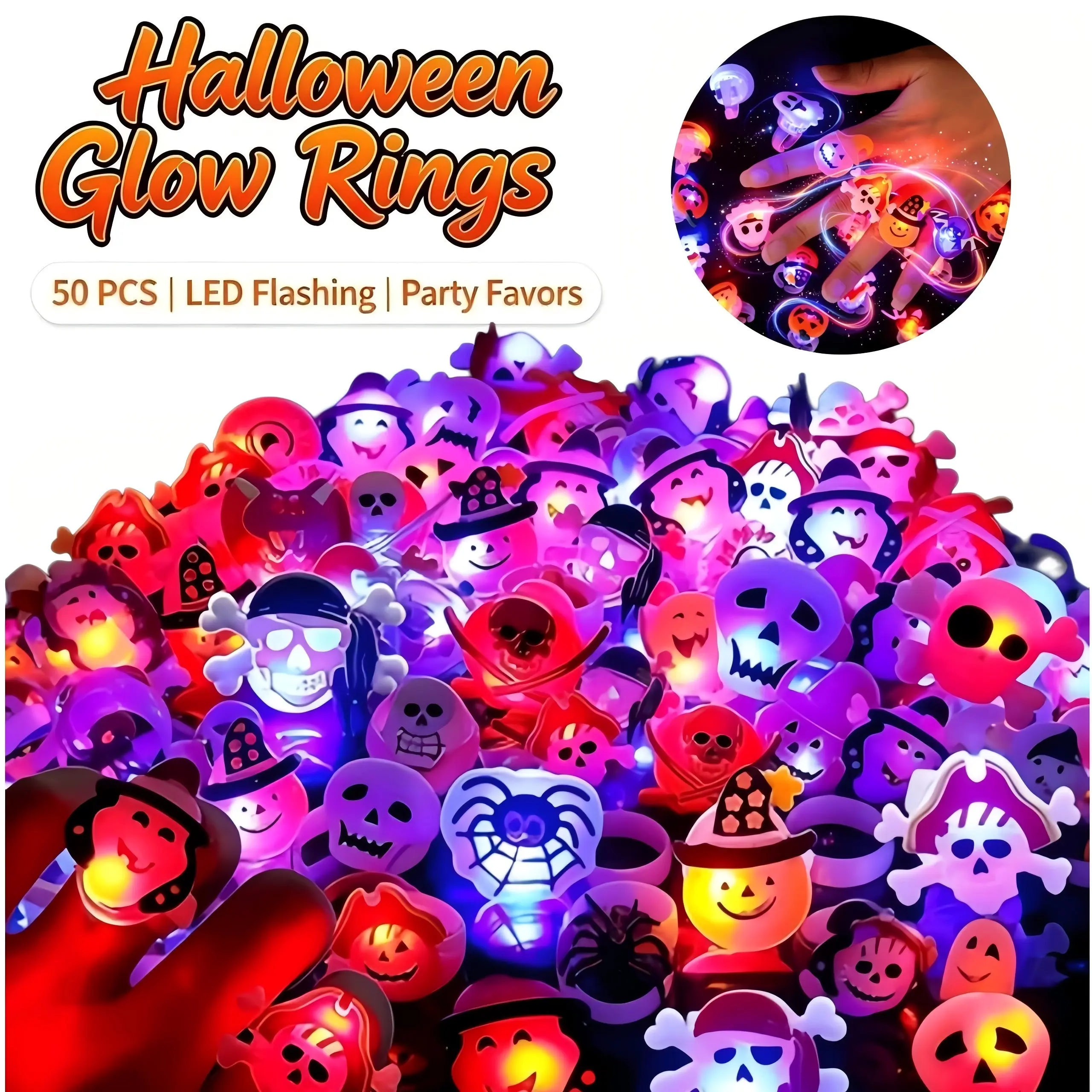 Glow Halloween Rings 50 Pack - Flashing LED Party Favors for Kids, Halloween Bag Fillers, Light Up Toy Rings for Goody Bags, Mini Spooky Gifts