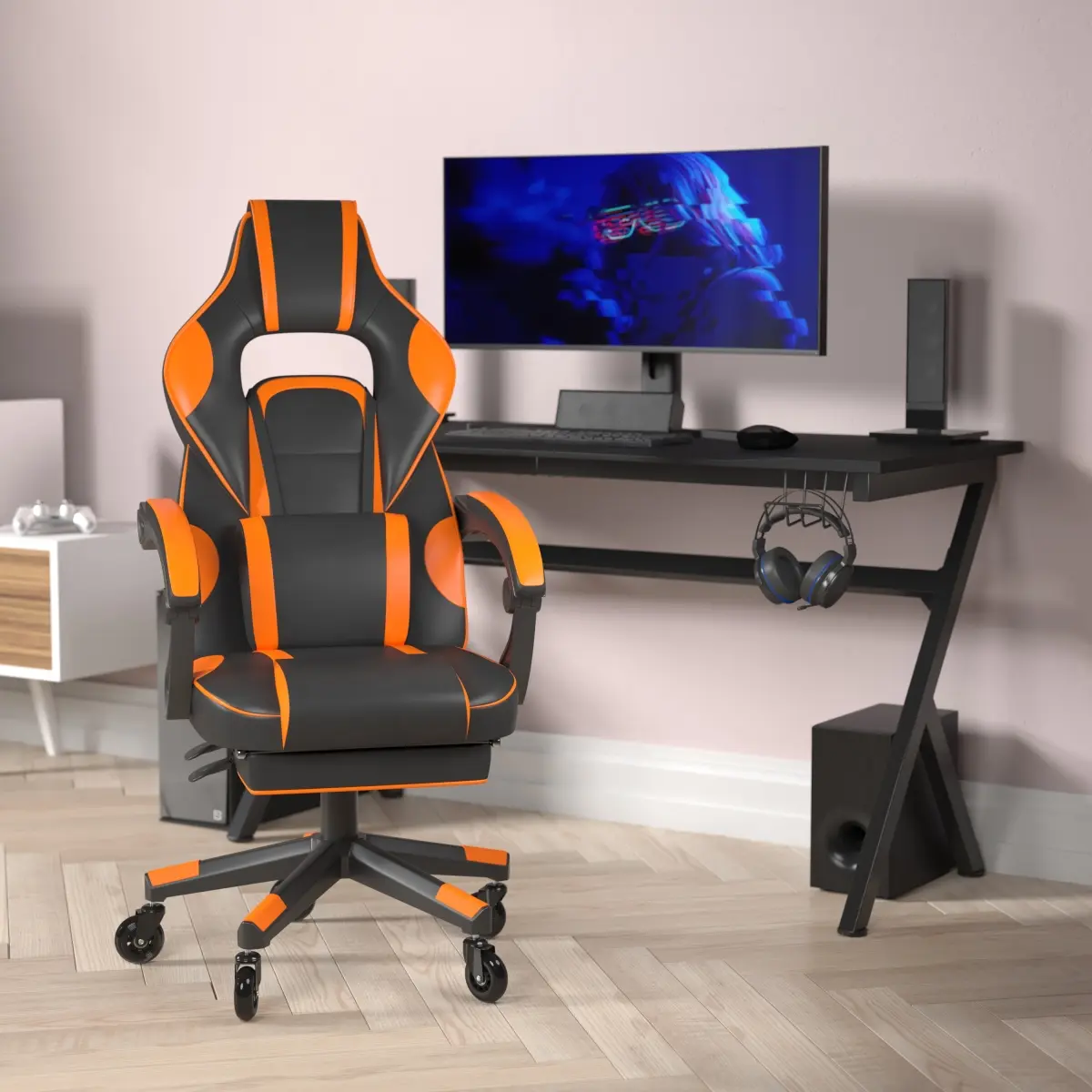 Flash Furniture CH-00288-OR-RLB-GG X40 Computer Racing Gaming Chair with Fully Reclining Back, Arms & Transparent Roller Wheels, Black & Orange