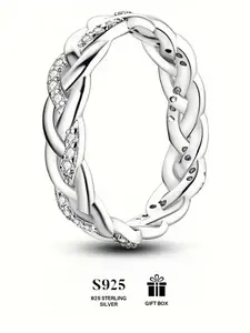 S925 Sterling Silver Infinity Knot Braided Design Ring, Cubic Zirconia Rings Rhinestones Decor Fashion Accessories for Women & Girls, Trendy All-match & Exquisite Jewelry for Birthday Gift