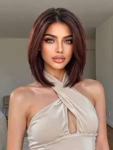 Summer Hot Sale TOPSHE 13×6 Burgundy Brown 12 Inch Short Hair Lace Front Heat Resistant Wig, Straight Hair Wig, 13×6 Free Part Pre-Plucked Hair, Natural Look, Suitable for Daily Wear, Versatile for Women