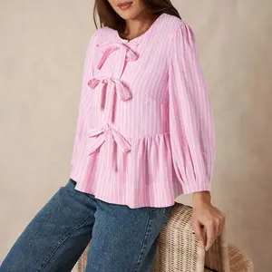 Pink Stripe Bowknot Front Crew Neck Puff Sleeve Blouse