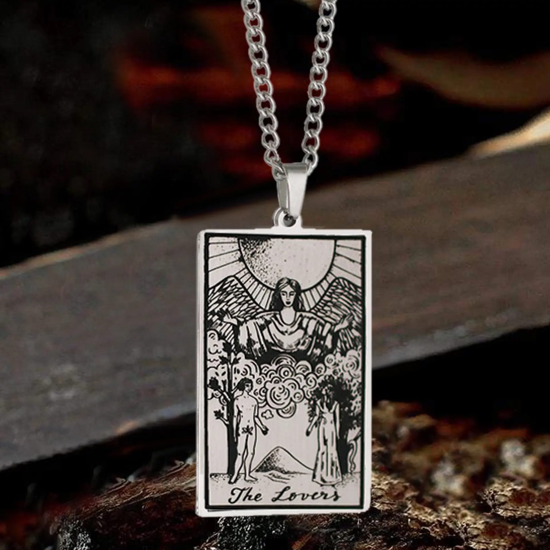 GTHIC Unisex The Lovers Tarot Card Statement Necklace, Stainless Steel Square Card Pendant for Daily Wear