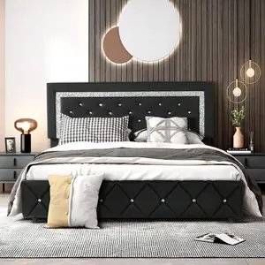 PU Bed Frame With Diamond Headboard, Upholstered Platform Bed Wit Button Tufted Headboard, Heavy Duty Wooden Slats Support, No Box Spring Needed, Pink/Black, Twin/Full/Queen/King