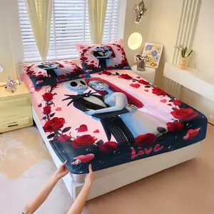 Corpse Bride Wedding Theme Fitted Sheet Set, Includes One Bedspread and Two Pillowcases, Jack & Sally 3D Plush Rose Surround Print Bedcap, High-Elastic Fit All-Season Bed Cover