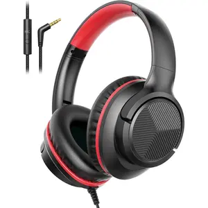 Headphones Wired with Microphone, Over Ear Foldable 3.5mm Plug in Headphones Corded with 4.9ft -Free Nylon Cord for Tablet, Laptop, MP3/4, School, Airplane Travel (Black Red)