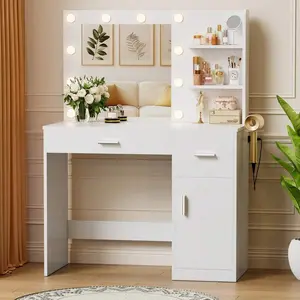 Makeup Vanity Desk With Adjustable Tri-Color LED Light & Power Outlet& Partitioned Cabinet
