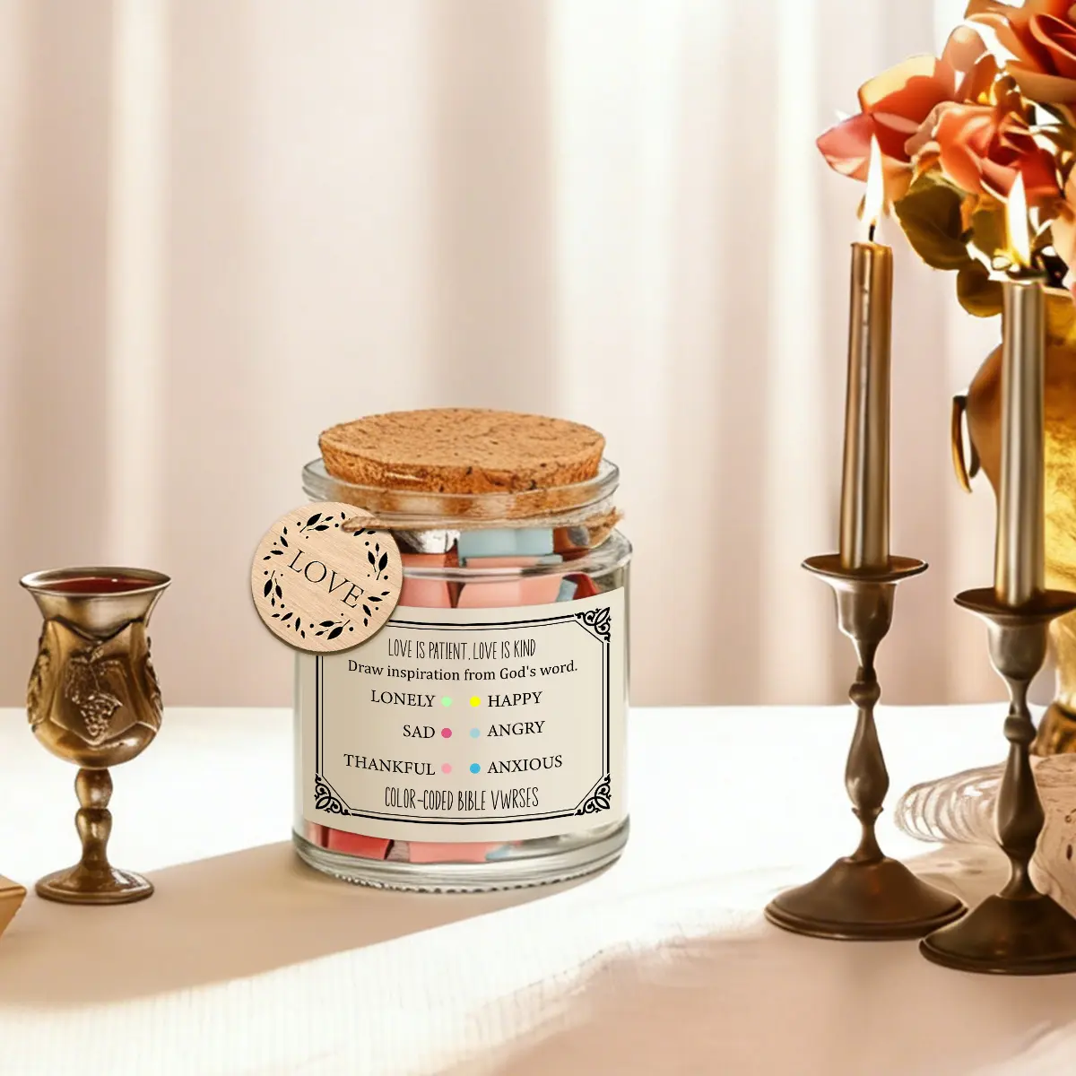 1 Set LOVE Themed Emotional Bible Prayer Jar, Complete Set with Glass Cork Jar & Color Coded Bible Verse Strips, Religious Faith Gift Set for Valentine's Day, Wedding, Engagement, Baptism, Confirmation, Spiritual Keepsake Decor Storage Jar