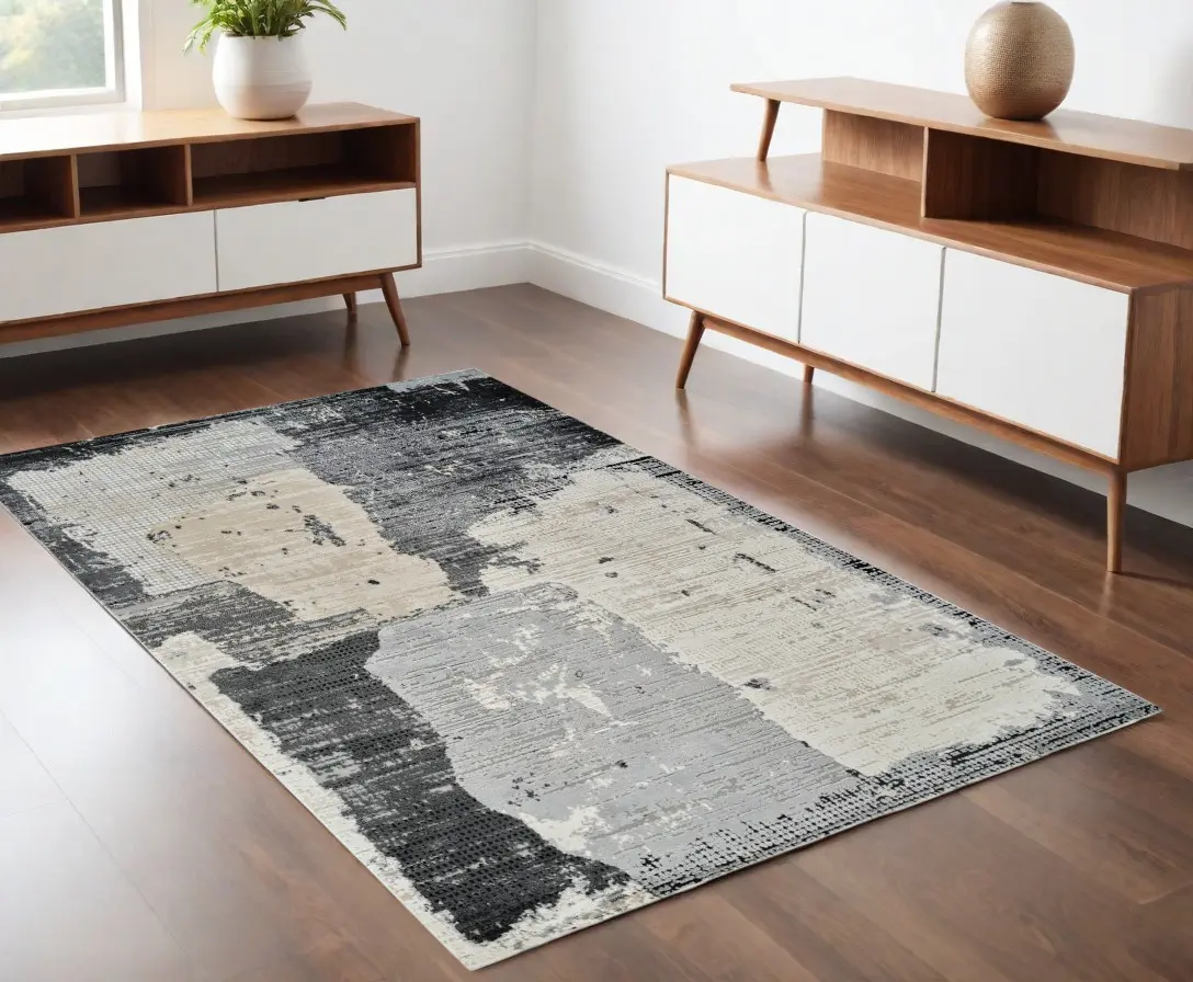 212 MAIN Indoor Use Modern Machine-Woven Distressed Abstract Print Beige & Black 4x6 ft. Rectangle Area Rug