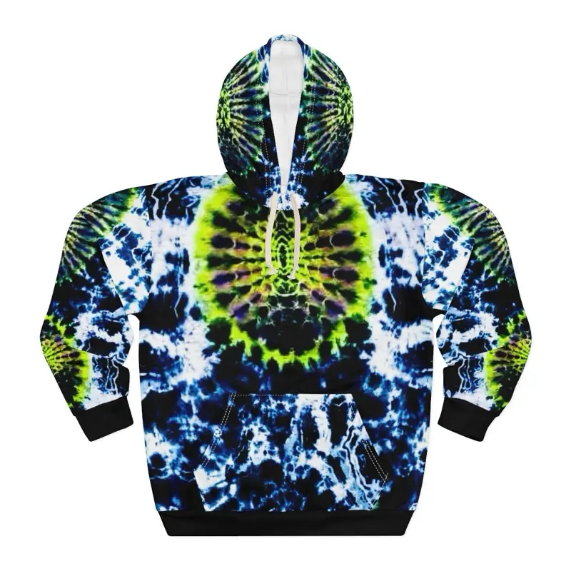 Black and White Tie Dye Print Hoodie with Highlight Yellow Cell Shape Designs for Trendy Comfort