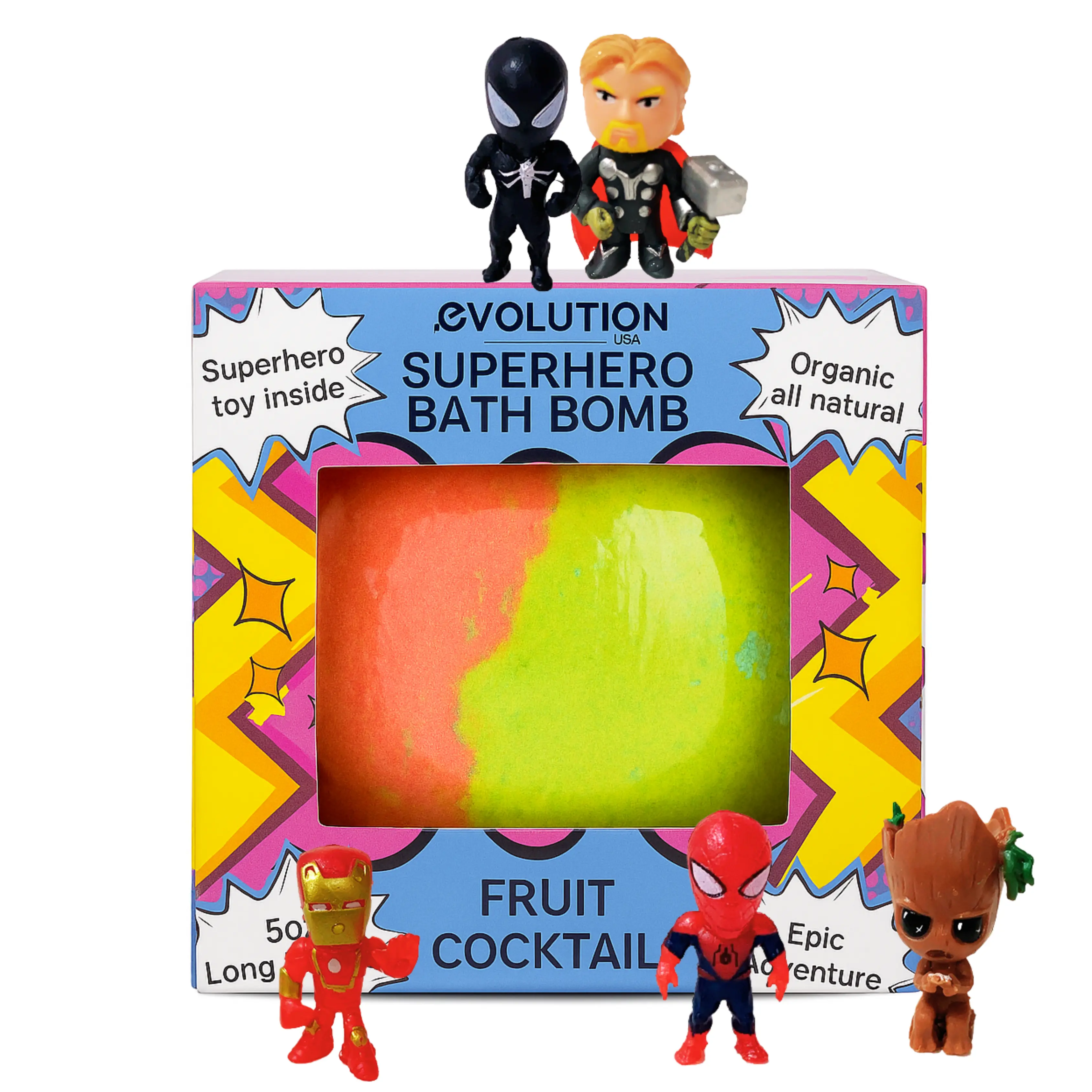 EvolutionUSA Superhero Bath Bomb with Toy Inside for Kids, Organic Bath Bomb with Surprise Inside, Fizzy Fun Bath Ball for Boys and Girls Aged 4 and Above