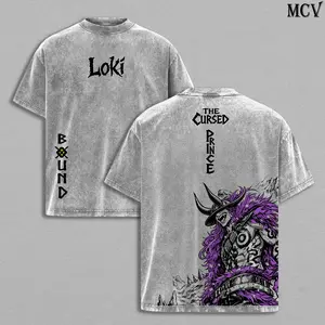 Loki Washed Tee – One Piecee Anime Elbaf Giant Prince Manga Graphic Double Printed T-Shirt, Menswear Heavy Cotton Unisex Oversize Streetwear Vintage Anime Tee,Cream Distressed Washed Wano Pirate Oversized Streetwear Shirt