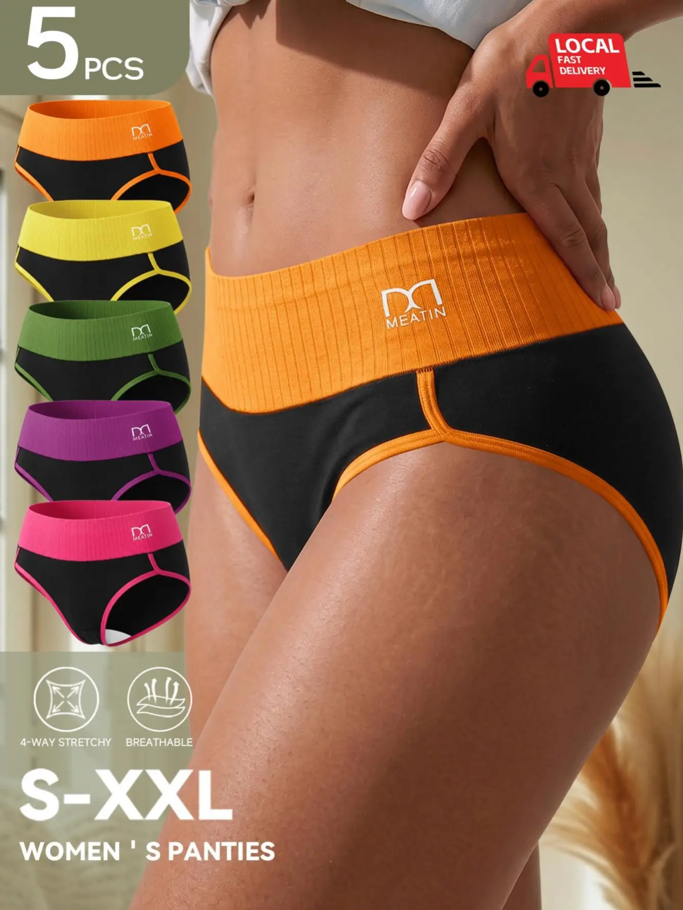 Women's 5PCS High-Rise Milk-Silk Leg Briefs Set, Contrast Color Ribbed Wide Waistband, Casual Comfortable Soft Breathable Lightweight Stretchy Smooth Skin-Friendly Non-Irritating Minimalist Daily All-Season Underwear, S-XXL