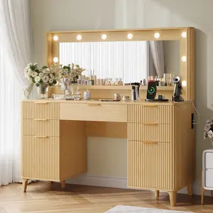 TOKSOM 48.8" Fluted Vanity Desk with Mirror and Adjustable LED Lights, Walnut/Natural Color Makeup Table with Four Large Drawers and Two Cabinets and Charging Station for Women and Girls, Bedroom or Dorm / Best Gift Ideas / Christmas Gifts
