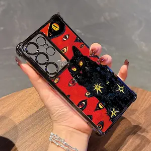 Mythical Black Cat Art Eyes Psychedelic Phone Case Suitable for Galaxy S25 Edge S24 S23 S22 S21 FE Note20 Ultra Plus 4G 5G with Black Frame Anti-Drop Transparent Back Cover Japanese/Korean Luxury Cartoon Premium Personality