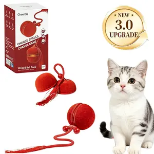 Cheerble 2 in 1 Interactive Cat Toys for Indoor Cats - Wicked Ball Duo2 Automatic Cat Toy, Dual Interchangeable Shells, Electric Moving Cat Ball with Tail & Chirping Sounds, Red