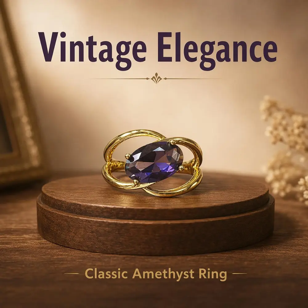 Minimalist Vintage-Style Overlapping Band Oval Amethyst Ring - Purple Gemstone Cocktail Costume Jewelry for Women