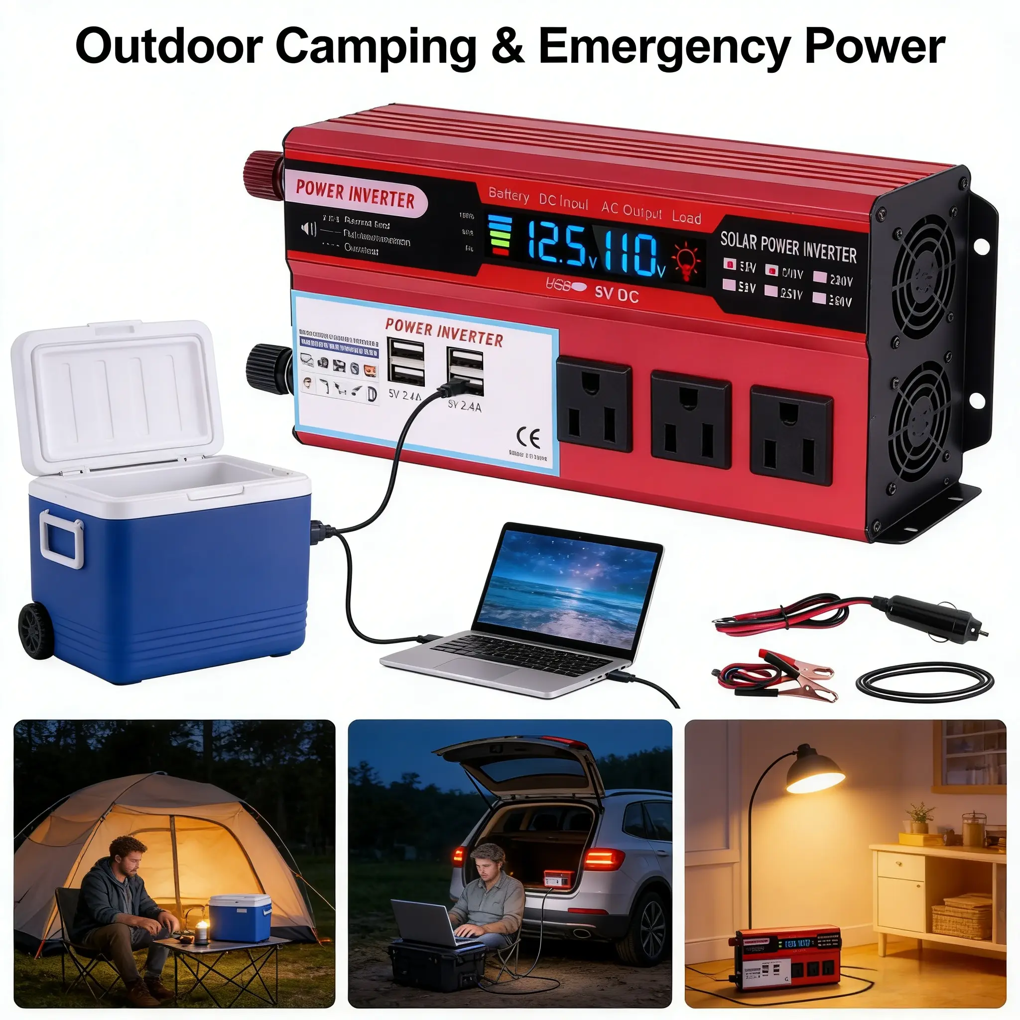 5000W Peak Power Inverter, a Pure Sine Wave Inverter forConverting DC 12V to AC 110V, Featuring an LCD DigitalDisplay, 4 USB Ports, And 3 US Sockets, Designed for FastCharging in Vehicles, Trucks, Rvs, And Outdoor Use, WithoutBattery