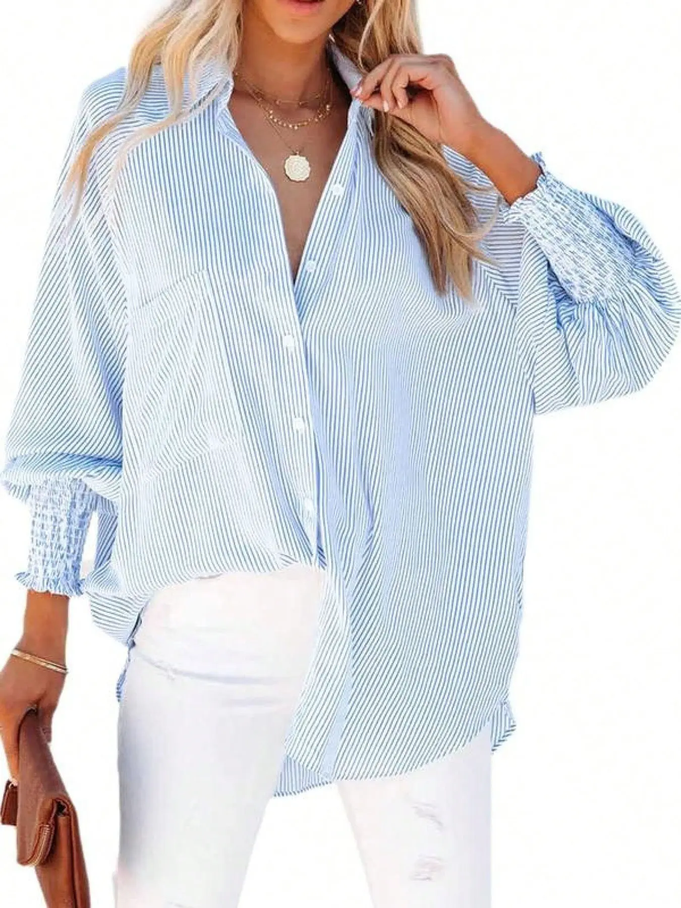 Striped Print Button Front Pocket Shirred Blouse, Shirts, Casual Bishop Long Sleeve Top for Daily Holiday Wear, Women's Clothes for Spring & Fall