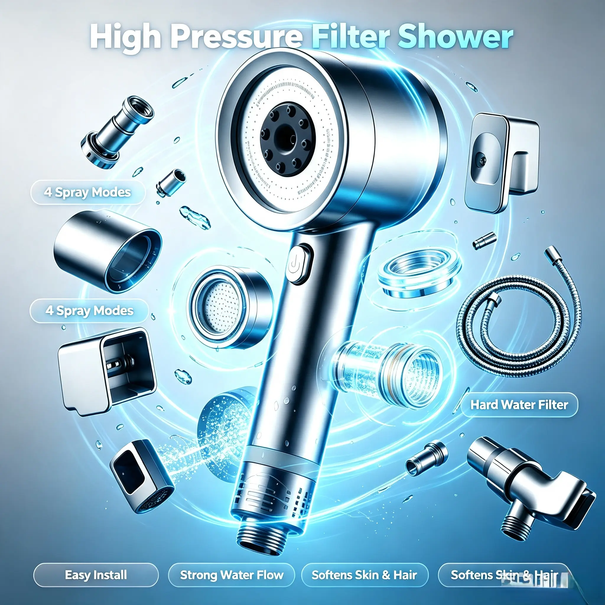 High‑Pressure Filter Shower Head, 4‑Mode Spray Setting for Hard Water