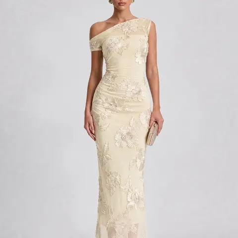 LikeMyChoice 2026 Women's Elegant Off-Shoulder Mesh Lace Midi Bodycon Dress with 3D Floral Applique for Formal Party, Evening Events