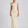 LikeMyChoice 2026 Women's Elegant Off-Shoulder Mesh Lace Midi Bodycon Dress with 3D Floral Applique for Formal Party, Evening Events