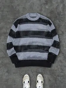 Men's Striped Print Cable Knit Sweater, Loose Casual Long Sleeve Round Neck Jumper for Spring & Fall, Fashion Men's Knitwear for Daily Wear, Tops