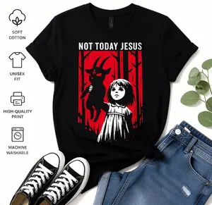 Women's Comfy Lightweight Short-Sleeve Round Neck 100% Cotton Graphic T-Shirt - Eerie 'MBT THRAY LESNS' Demon Goat Girl Folk Art Horror Streetwear Top, Day Wear, Perfect Gift for Dark Art Fans