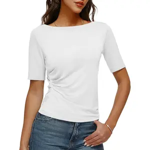 Boat Neck Top Half Sleeve Ruched Side Fitted Basic Casual Slim Tee