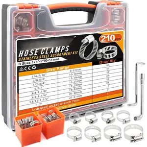210 count 304 Stainless Steel Worm Gear Hose Clamps Assortment Kit,1/4-2 Inch(6-51mm) for Plumbing,Automotive, Line,Industrial,Tube,Applications