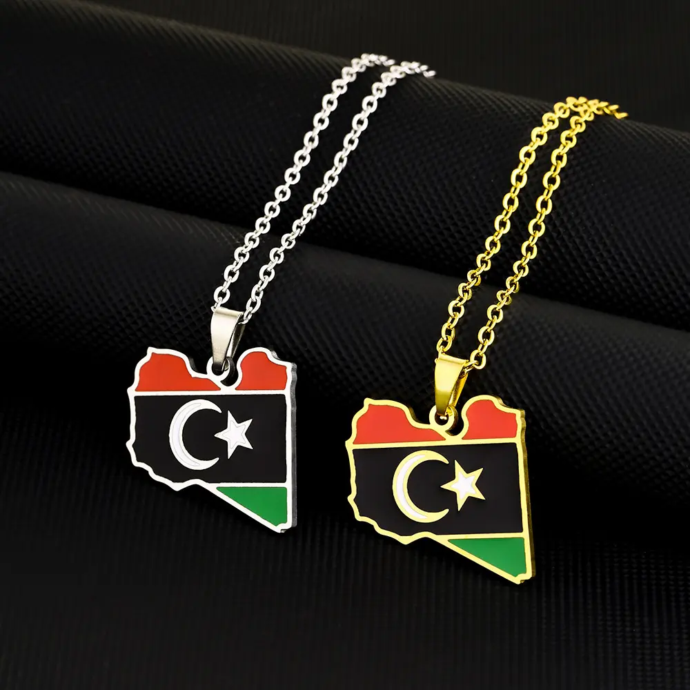 Libya Map Flag Necklace with Pendant, Ethnic Style Patriotic Jewelry for Men and Women, Unisex Couple Gift