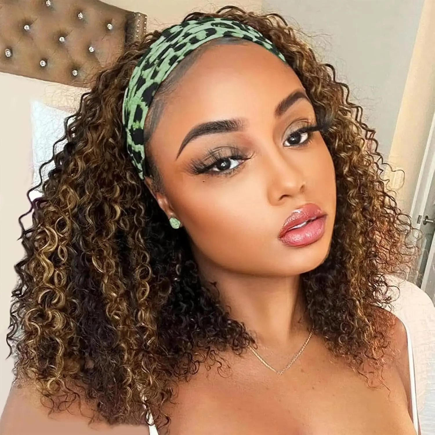 Highlight Ombre Headband Wig Human Hair Curly Headband Wigs for Black Women Human Hair Honey Blonde Headband Wig Curly Human Hair #4/27 Brazilian Virgin Hair Glueless Wig 180% Density