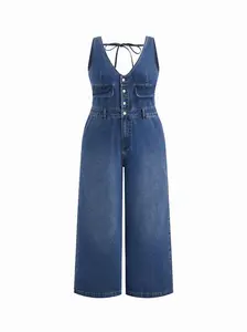 Cider Denim V-neck Knotted Wide Leg Jumpsuit Curve & Plus