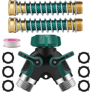 Hose Splitter 2 Way, 3/4" Garden Water Hose Splitter with Comfort Rubber Long Handle, Faucet Splitter, Y Heavy Duty Metal Connector with 2 Kink Free Faucet Extension Hose Protector