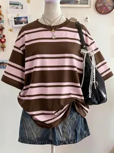 Vintage Striped Women T-Shirt, Casual Loose Oversized Round Neck Top, Various Colors Available, Perfect for Daily Wear, Summer, Everyday, Aesthetic Streetwear Styles, Popular TikTok Trend, 2026 Style Essential, Soft Comfortable Material, Effortless Look