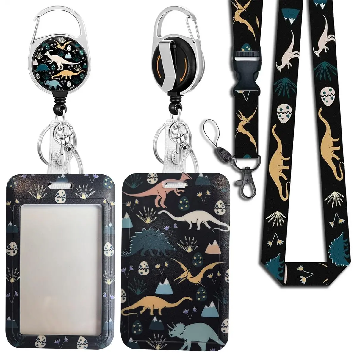 Dinosaur Pattern Badge Holder 1 Set Cute Badge Holder with Detachable Lanyard & Buckle, Custom Lanyard, ID Badge Holder, Id Holders For Badges, Medical Badge Holder, Nursing Student Badge Reel for Office, School, Hospital, Nurse Badge Reel