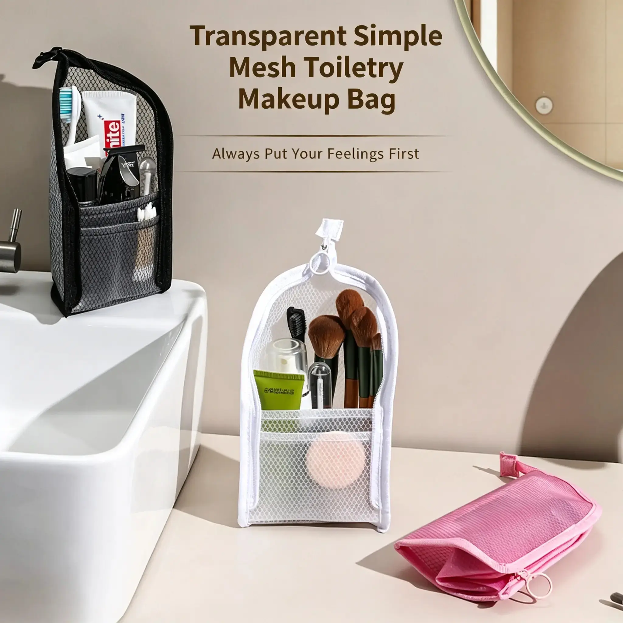 Standing Toiletry Bag,Foldable Travel Toiletry Bag, Hanging Portable Lightweight Waterproof Mesh Makeup Bag Organizer for Cosmetic Store and Toiletries