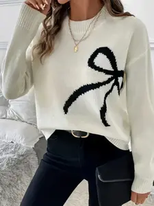 Elegant Sweater for Women, Fashionable Bow Print Long Sleeve Knitwear, Warm Casual Wear for Fall & Winter Holidays