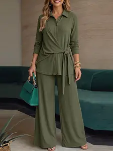 Women's Casual Solid Color Set, Womenswear Long Sleeve Collared Turn-Down Collar Knit Cardigan, High Waist Straight Leg Pants, Daily Commute, Everyday