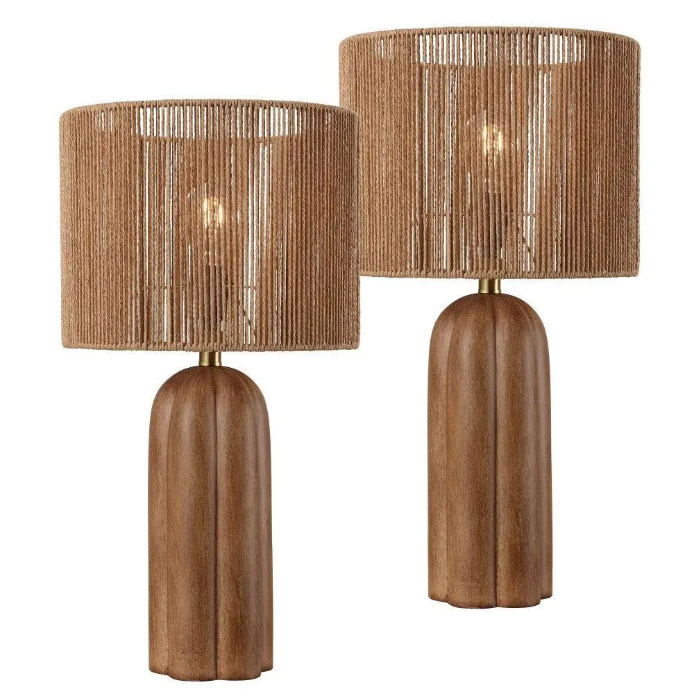 Hazel 24" Bohemian Coastal Fluted Scalloped Cylinder Resin with Hand-Woven Paper Rope Drum Shade LED Table Lamp