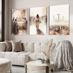 3 Piece Canvas Wall Art Set, Religious Christian Murals, Last Supper, Jesus Crucifixion, Easter Home Decor, Wooden Frame