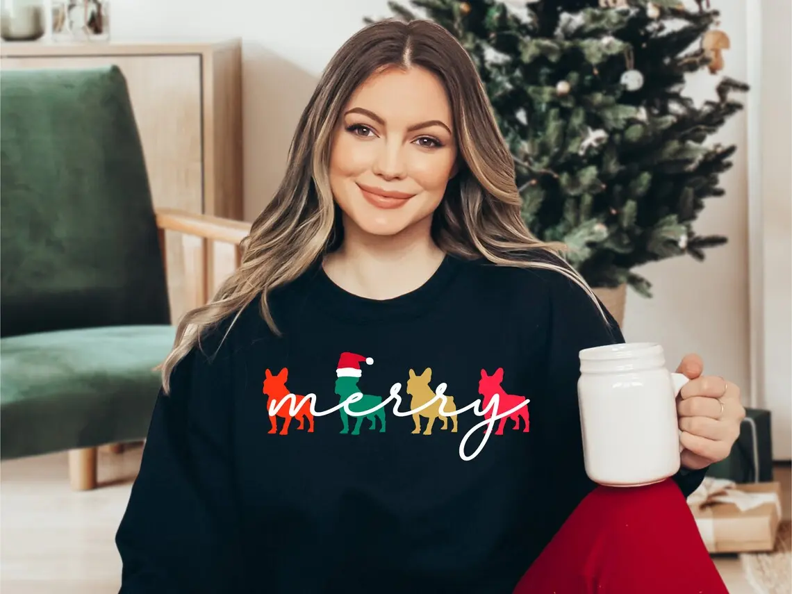 Christmas French Bulldog Sweater, French Bulldog Christmas T-shirt 100% Cotton