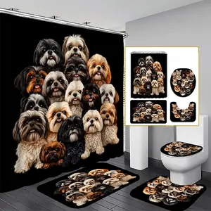 1/3/4PCS Group of Dogs Shower Curtain set, Playful Puppies Bathroom Decor, Accessories with Bath Mat, U-shaped Mat, Toilet Lid Cover, 12 Hooks 180x180cm Curtain, Canine Companions, Home Decor, bathroom accessories.