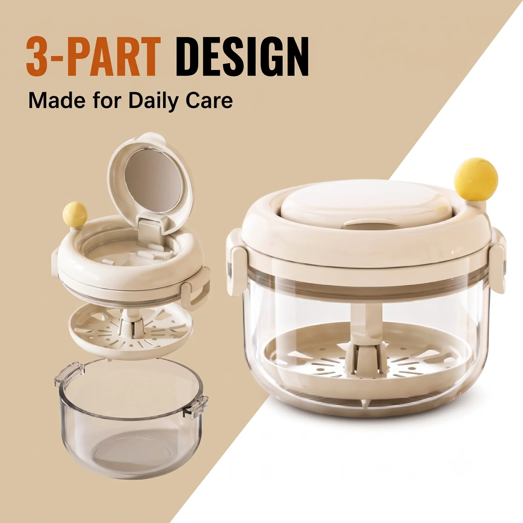 Denture Bath Cup with Drain Tray, Mirror & Brush - Retainer Cleaner Case, Night Mouth Guard Holder for Travel Home Storage Soak